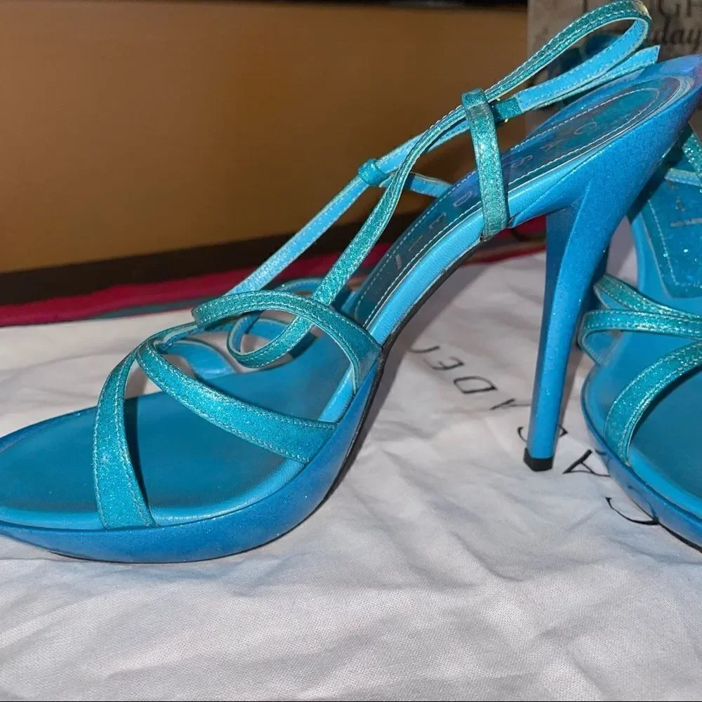 🆕 NEW Casadei Sparkling Strappy Stiletto Heels – Blue Glitter